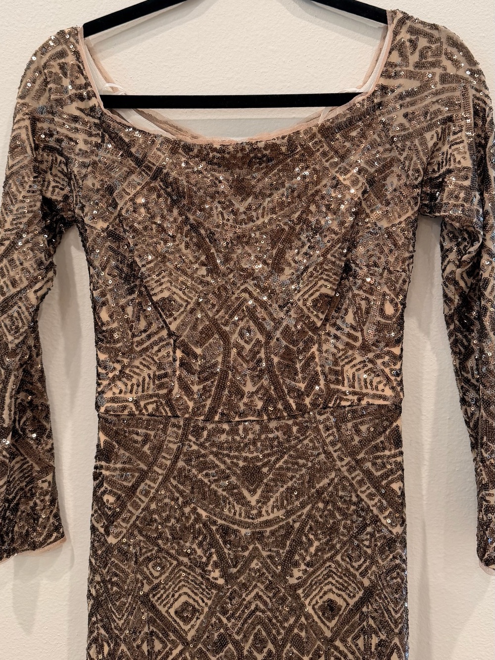 Aqua Sequin-Embellished Long Sleeve Evening Dress in Nude and Brown